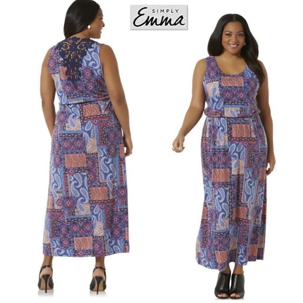 NWT Gorgeous Simply Emma 2X Plus Lace back Tribal sleeveless Blue Maxi Dress